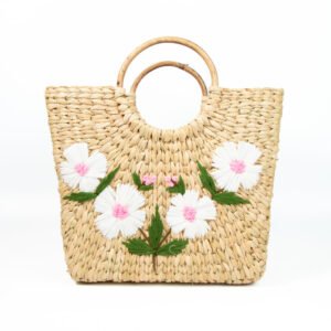 Natural Kauna Grass  Hand Embroidered Picnic/Shopping HandBag With Wooden Handle